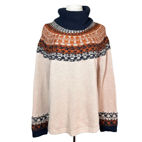 Madewell NEW Brookdale Fair Isle Turtleneck Sweater Alpaca Cream Navy Orange XXL - Picture 2 of 15